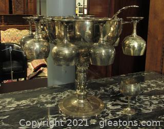 Amazing Silver Plated Punch Bowl With 12 Goblets & Hooks, Ladle